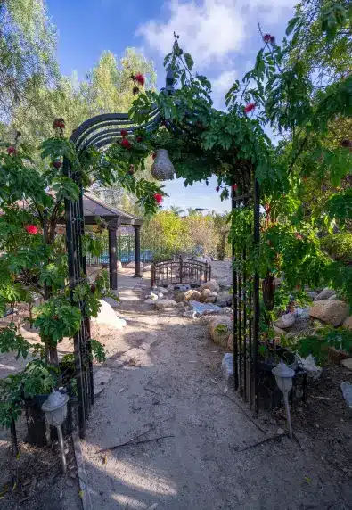 Garden arbor and footbridge on a path through the Villa Oasis grounds