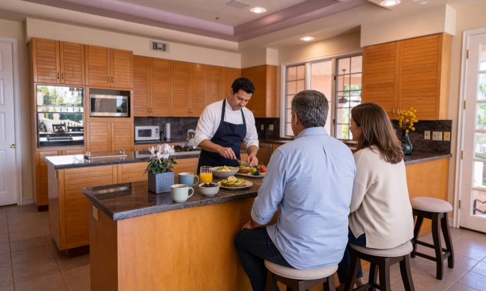 Chef preparing a fresh breakfast at the kitchen island while two guests sit at the breakfast bar